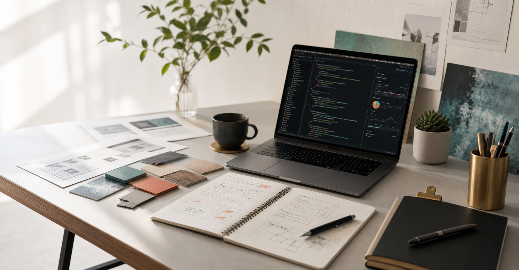 A calm creative desk with a laptop, sketches, notes, and design materials.
